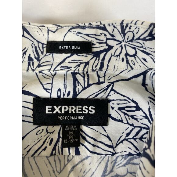 Express Floral Shirt Mens M Extra Slim Fit Blue & White Button Up Shirt - Picture 2 of 9